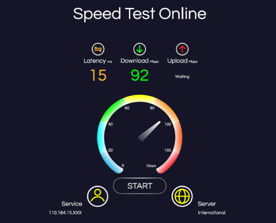 Display from an internet speed test which shows the latency, download, and upload speeds for the internet in a home office.